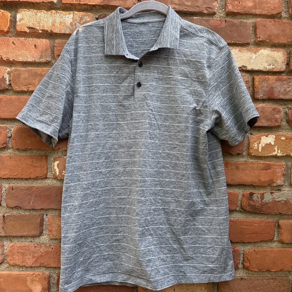 Lukulemon Men Athletic Polo Size Medium Stretch Stripe Golf Office Blue